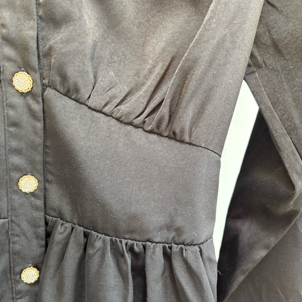 Black Babydoll Midi Satin Dress Long Sleeve Dress Size Small Dark Cottagecore - Picture 5 of 12